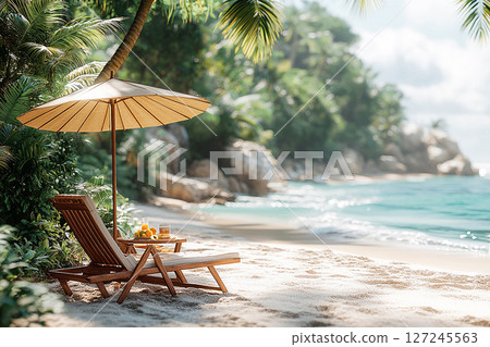 Summer mountains and travel. Umbrella and chairs set up on sand in beach of ocean. 127245563