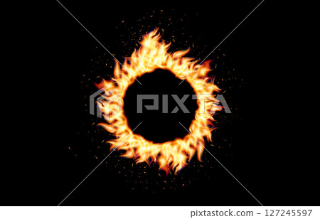 Burning fire ring with glowing flames, as solar eclipse, circus prop, magical portal or energy symbol. Useful for weather alerts, sun flares, show posters, fantasy themes. Vector illustration. Burning fire ring with glowing flames, as solar eclipse, circus prop, magical portal or energy symbol. Useful for weather alerts, sun flares, show posters, fantasy themes. Vector illustration. 127245597