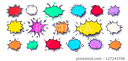 Comic speech bubbles in retro pop style with bold colorful shapes and empty captions. Perfect for humor, memes, quotes, sound effects, web and print design. Vector illustration. 127245598