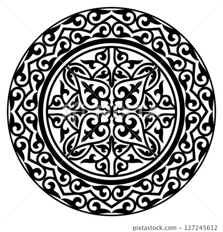 Black ethnic patterned plate. Kazakh ornament. Element of the national pattern of the ancient nomads. For decoration of clothes, yurts, medallion, ceramics 127245612