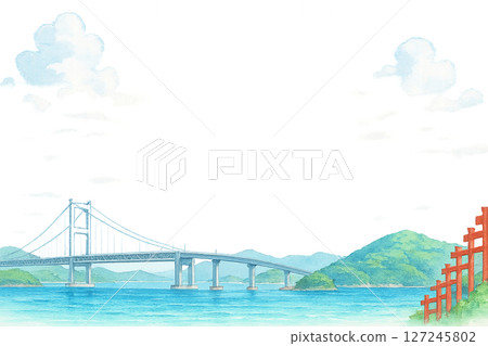 瀨戶內島波海道和藍天夏日清爽旅行框架水彩風格插畫透明PNG 瀨戶內島波海道和藍天夏日清爽旅行框架水彩風格插畫透明PNG 127245802
