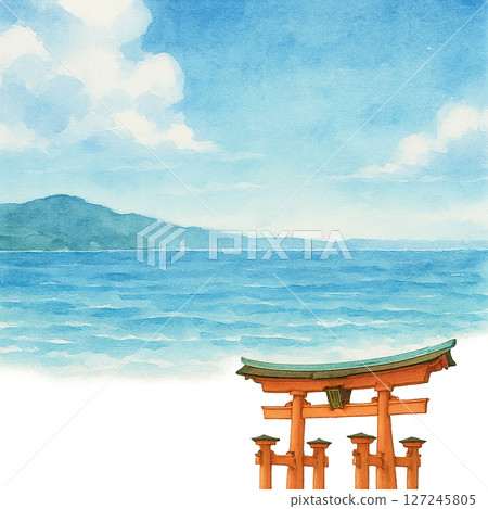 宮島大鳥居和瀨戶內海夏季旅行框架水彩插圖透明PNG 127245805