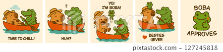 Cute comic strip with capybara, crocodile and frog in a boat friendship, chill time, and wholesome humor kawaii animal meme panel in cartoon style for stickers, prints, and merch Cute comic strip with capybara, crocodile and frog in a boat friendship, chill time, and wholesome humor kawaii animal meme panel in cartoon style for stickers, prints, and merch 127245818