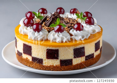 Delicious cheesecake with cherries, whipped cream and chocolate topping sitting on white plate 127245930