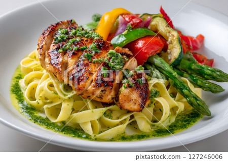 Grilled chicken breast with pesto sauce, laying on fettuccine with grilled vegetables 127246006