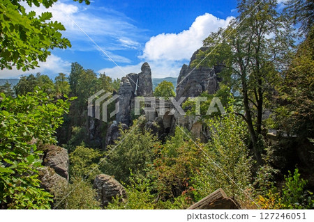 Bastei bridge surrounded by rock formations in Saxon Switzerland 127246051