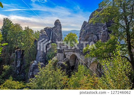 Bastei bridge surrounded by rock formations in Saxon Switzerland Bastei bridge surrounded by rock formations in Saxon Switzerland 127246062