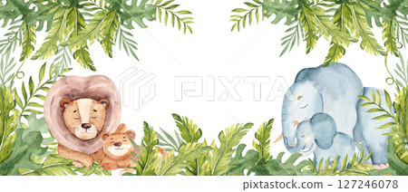 Safari Animals and Tropical Leaves horizontal square Frame, banner. Cute elephant and lion baby and adults. Watercolor hand drawn illustrations on a white background. For kid cards and invitations. 127246078