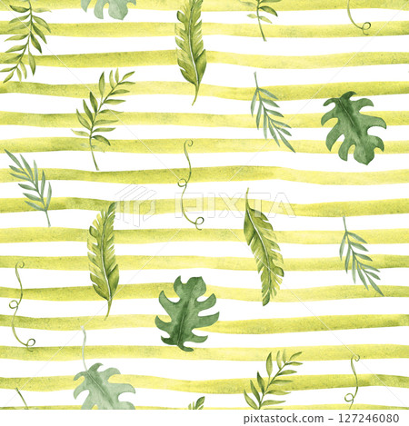 Tropical Leaves Seamless Pattern on a green yellow striped background. Palm, Eucalyptus and Monstera with Liana, horizontal Brush Strokes or Lines. Watercolor Hand drawn illustration. For packaging 127246080