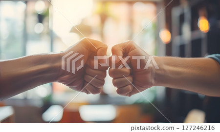 Team celebrating success with a fist bump in a modern office environment energetic mood Team celebrating success with a fist bump in a modern office environment energetic mood 127246216