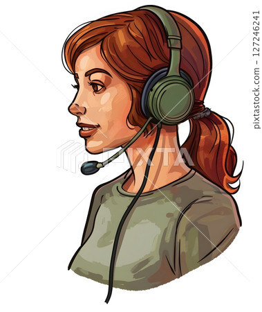 Customer service representative with a headset assisting a client online friendly and helpful 127246241