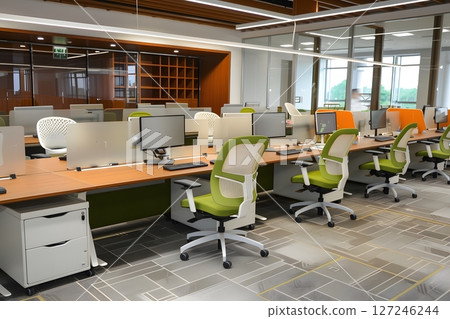 Modern office interior with ergonomic chairs and spacious desks promoting productivity 127246244