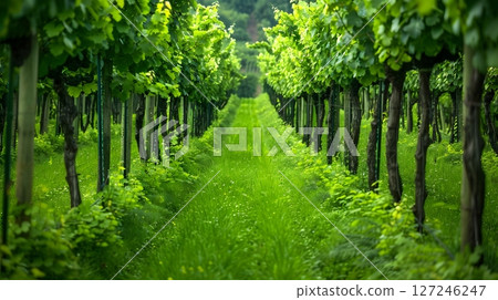 Scenic view of a vineyard with rows of grapevines sustainable agriculture wine culture 127246247