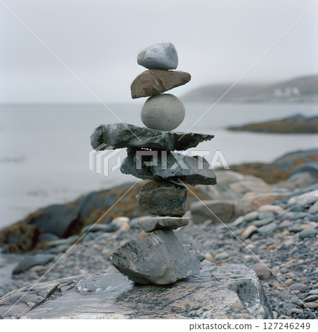 Balanced rock cairn on a beach symbolizing stability peace and mindfulness zen Balanced rock cairn on a beach symbolizing stability peace and mindfulness zen 127246249