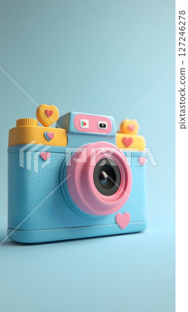 3D camera with social media icons, soft flat surface, 127246278