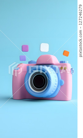 3D camera with social media icons, soft flat surface, 127246279