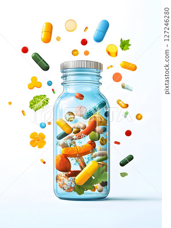 3D pill bottle with health symbols floating, white clean background, 127246280