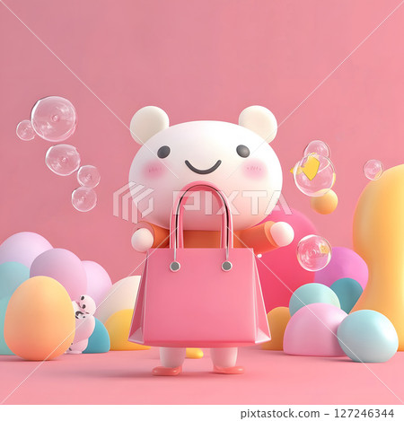 Cute 3D character holding shopping bag with discount bubbles, 127246344