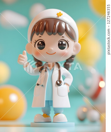 Cute 3D doctor giving thumbs up near hospital icon, 127246355