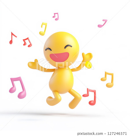 Funny 3D character dancing with music notes around, Funny 3D character dancing with music notes around, 127246371