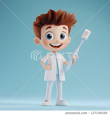 Cartoon 3D dentist with giant toothbrush, 127246384