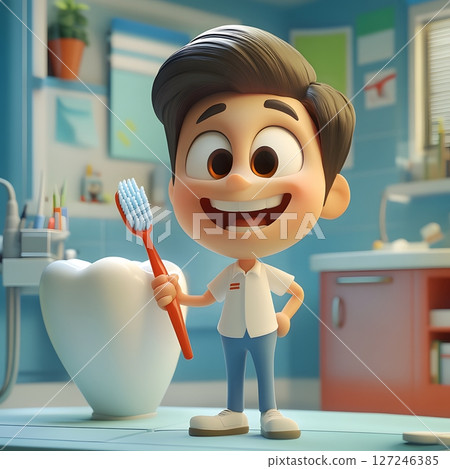 Cartoon 3D dentist with giant toothbrush, 127246385