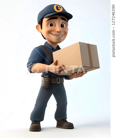 Happy 3D mail carrier delivering a package, 127246390