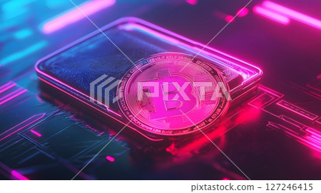 3D crypto coin floating above digital wallet with neon glow, 127246415