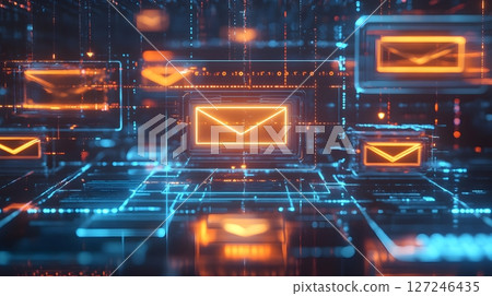 3D glowing email inbox with multiple messages, 127246435