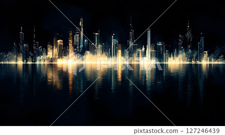 3D futuristic city skyline with data overlay, 3D futuristic city skyline with data overlay, 127246439