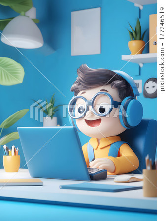 Remote work 3D concept with character in home office on video call, Remote work 3D concept with character in home office on video call, 127246519