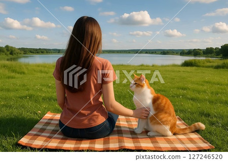Girl Sitting with White and Orange Cat on Rugged Mat in Open Grass Field Girl Sitting with White and Orange Cat on Rugged Mat in Open Grass Field 127246520