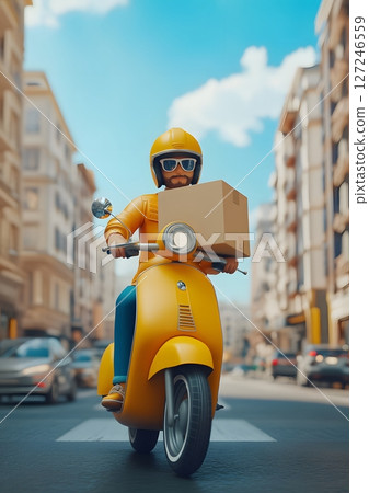 3D delivery man on scooter with parcel box, urban background, 127246559