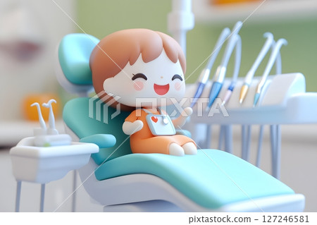 Clay 3D dentist chair with cute doctor character, 127246581