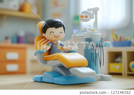 Clay 3D dentist chair with cute doctor character, 127246582