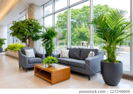 Modern office lobby with comfortable furniture and lush green plants creating a welcoming atmosphere 127246609