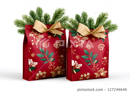 Christmas gift bags with golden ribbon and fir branches 127246646