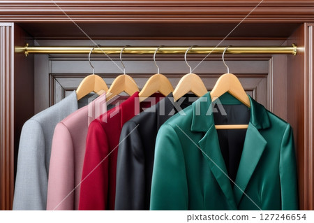 Colorful blazers hanging on wooden hangers in luxury wooden wardrobe 127246654