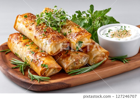 Delicious spring rolls seasoned with fresh herbs and sesame seeds served with a side of white dipping sauce 127246707