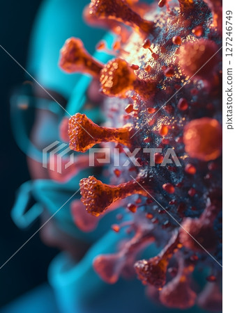3D medical researcher analyzing virus model in lab, scientific setting, 127246749