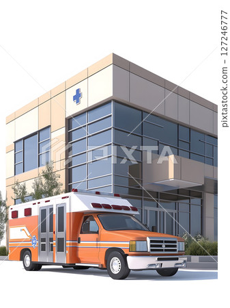 Hospital building exterior in 3D with ambulance and sign, 127246777