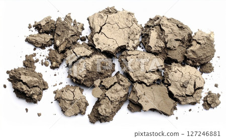 Dry Cracked Soil Pieces on White Background 127246881