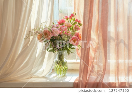 Soft Pastel Floral Bouquet on Vintage Windowsill with Sunlit Drapes Soft Pastel Floral Bouquet on Vintage Windowsill with Sunlit Drapes 127247390