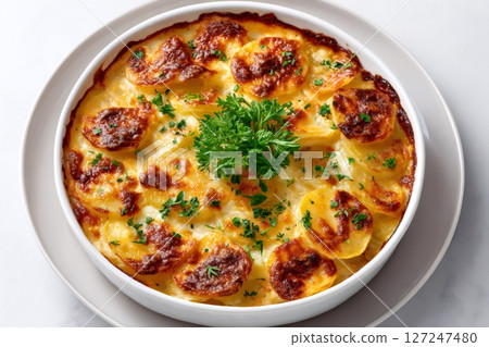 Creamy potato gratin with cheese and parsley topping resting on a white plate 127247480