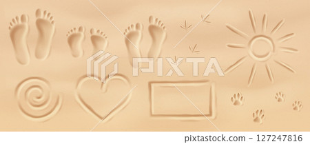 Various Imprints in Sand Featuring Footprints and Symbols Various Imprints in Sand Featuring Footprints and Symbols 127247816