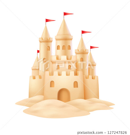 Illustration of Sandcastle with Red Flags on White 127247826