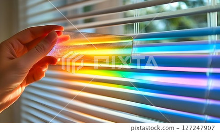 Rainbow prism spectrum through window blinds colorful light effect 127247907
