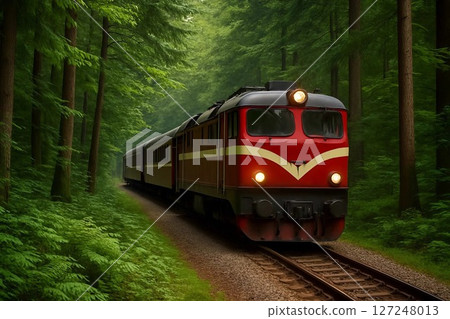Scenic Train Journey Through Lush Forest Landscape 127248013