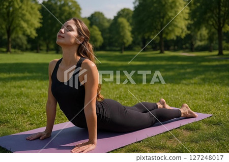 Girl Practicing Yoga Outdoors in Park on Mat Performing Various Asanas 127248017