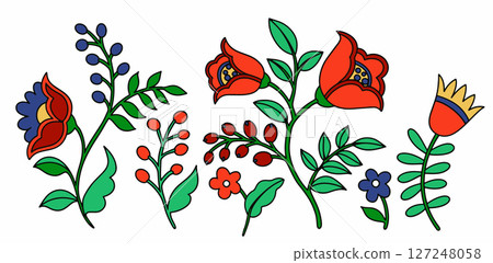 Set of abstract fantasy flowers, berries and leaves in folk style. Vector illustration in doodle style Set of abstract fantasy flowers, berries and leaves in folk style. Vector illustration in doodle style 127248058